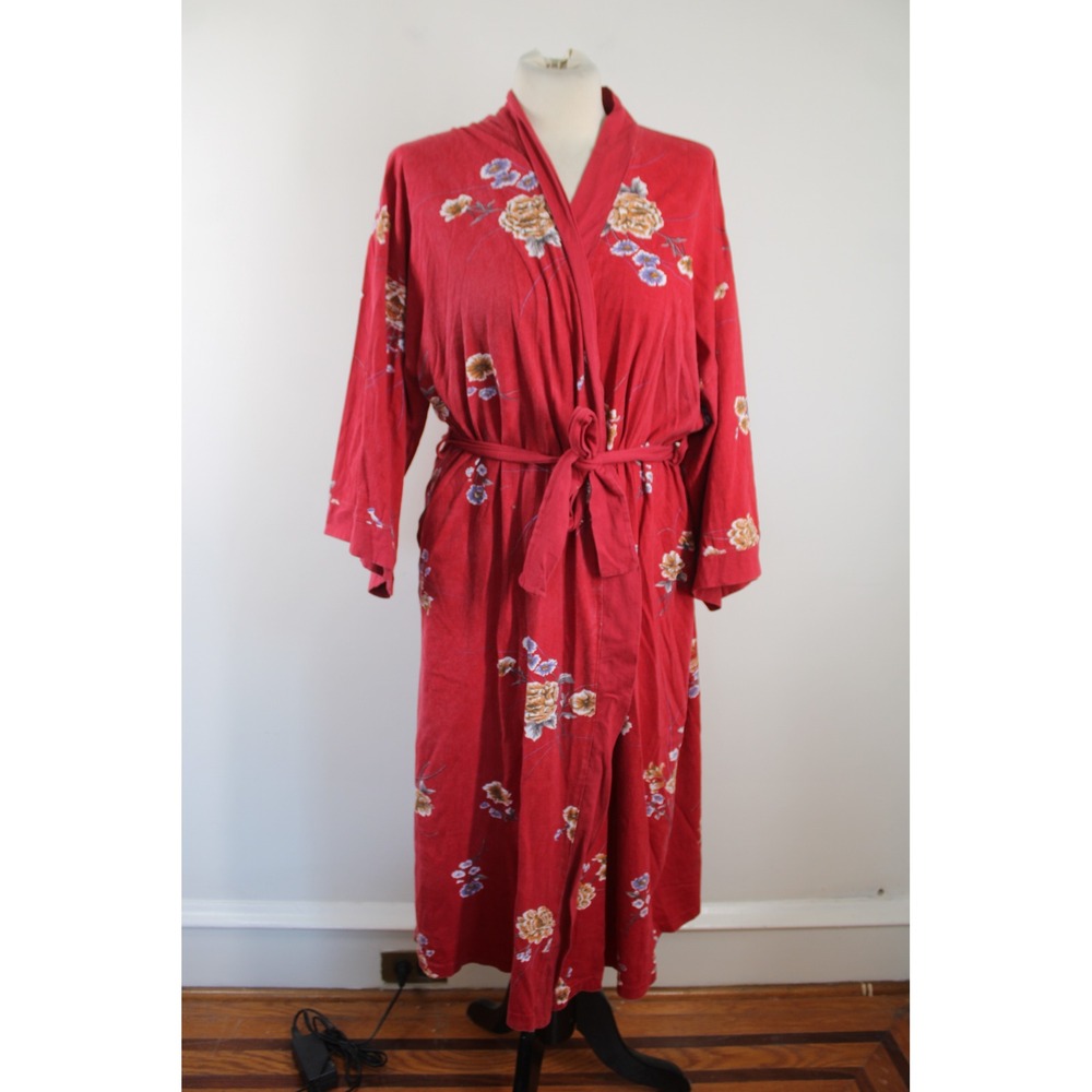 Vintage Serena OS Red Floral Midi Wrap Robe Jersey Knit Kimono Sleeve Pockets